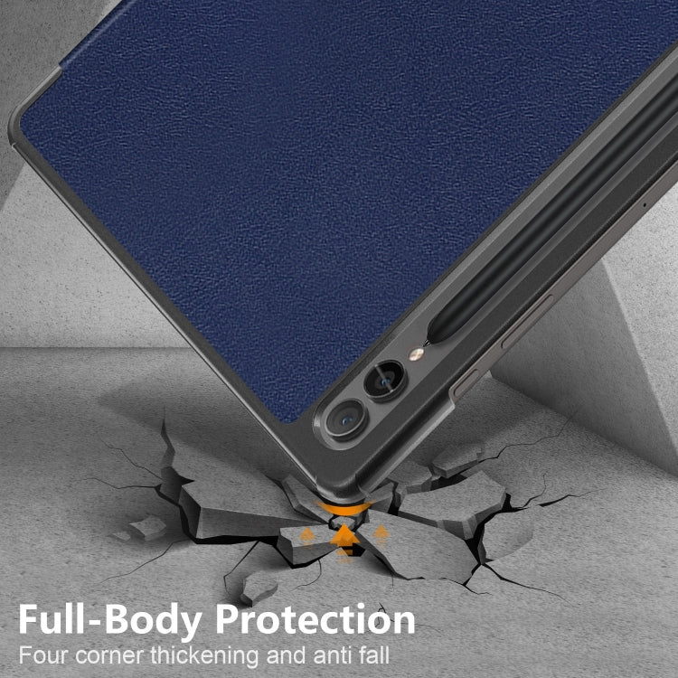For Samsung Galaxy Tab S9+ Custer Pure Color 3-Fold Holder Smart Leather Tablet Case(Dark Blue)