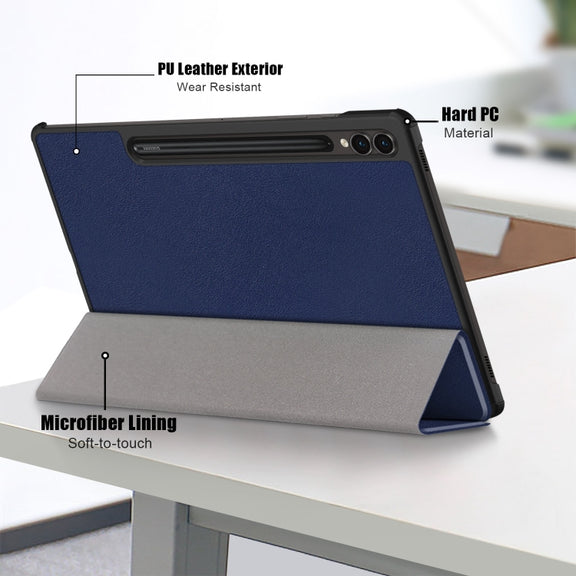 For Samsung Galaxy Tab S9+ Custer Pure Color 3-Fold Holder Smart Leather Tablet Case(Dark Blue)