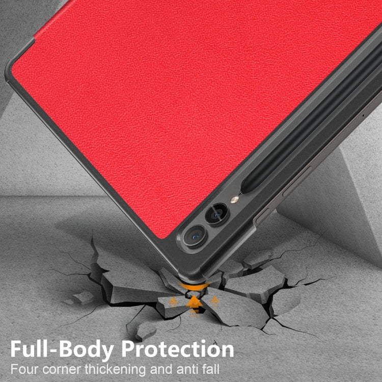 For Samsung Galaxy Tab S9+ Custer Pure Color 3-Fold Holder Smart Leather Tablet Case(Red)