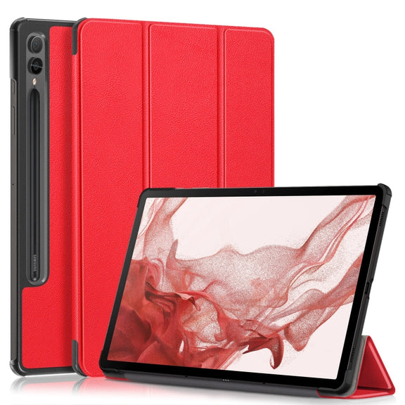 For Samsung Galaxy Tab S9+ Custer Pure Color 3-Fold Holder Smart Leather Tablet Case(Red)