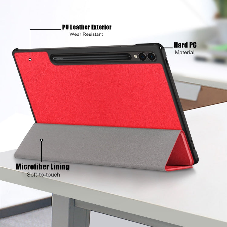 For Samsung Galaxy Tab S9+ Custer Pure Color 3-Fold Holder Smart Leather Tablet Case(Red)