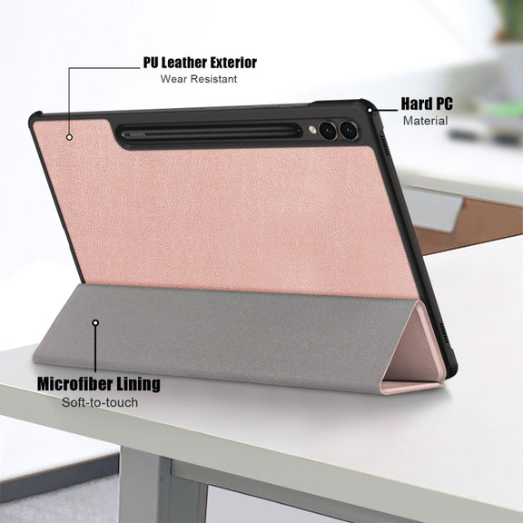 For Samsung Galaxy Tab S9+ Custer Pure Color 3-Fold Holder Smart Leather Tablet Case(Rose Gold)