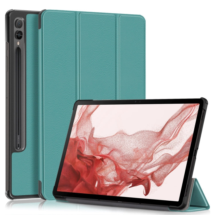 For Samsung Galaxy Tab S9+ Custer Pure Color 3-Fold Holder Smart Leather Tablet Case(Dark Green)