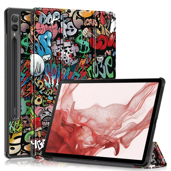 For Samsung Galaxy Tab S9+ Custer Painted 3-Fold Holder Smart Leather Tablet Case(Graffiti)