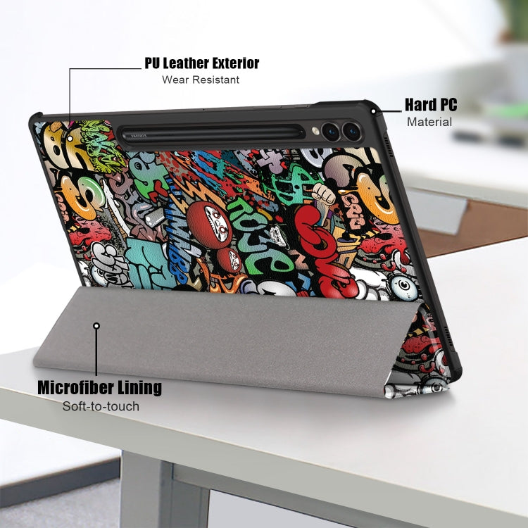 For Samsung Galaxy Tab S9+ Custer Painted 3-Fold Holder Smart Leather Tablet Case(Graffiti)