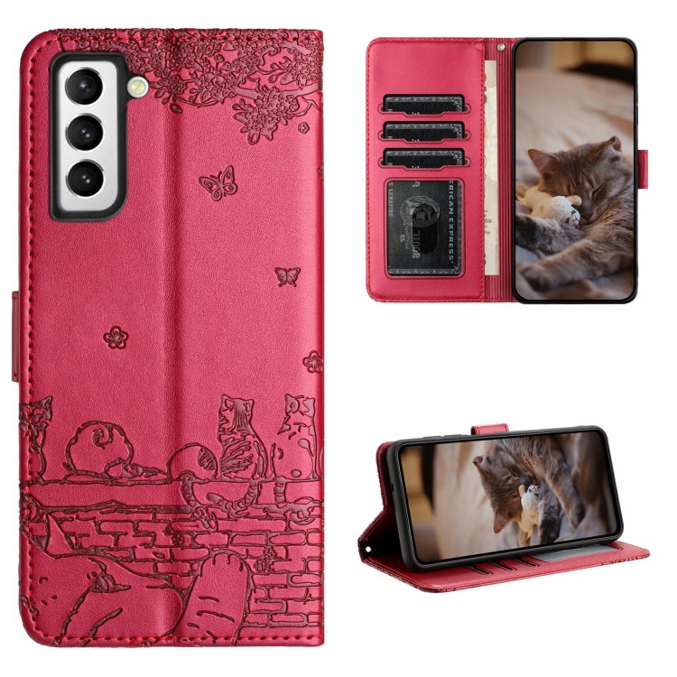 For Samsung Galaxy S22 Cat Embossing Pattern Leather Phone Case with Lanyard(Red)