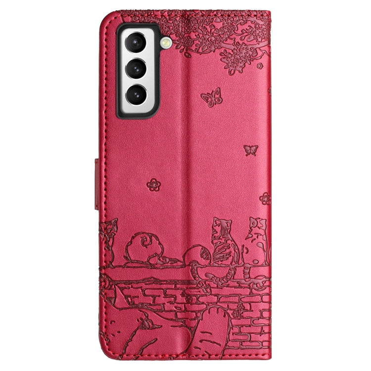 For Samsung Galaxy S22 Cat Embossing Pattern Leather Phone Case with Lanyard(Red)
