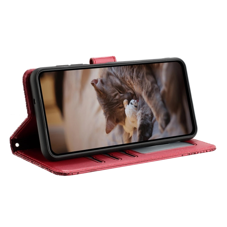 For Samsung Galaxy S22 Cat Embossing Pattern Leather Phone Case with Lanyard(Red)