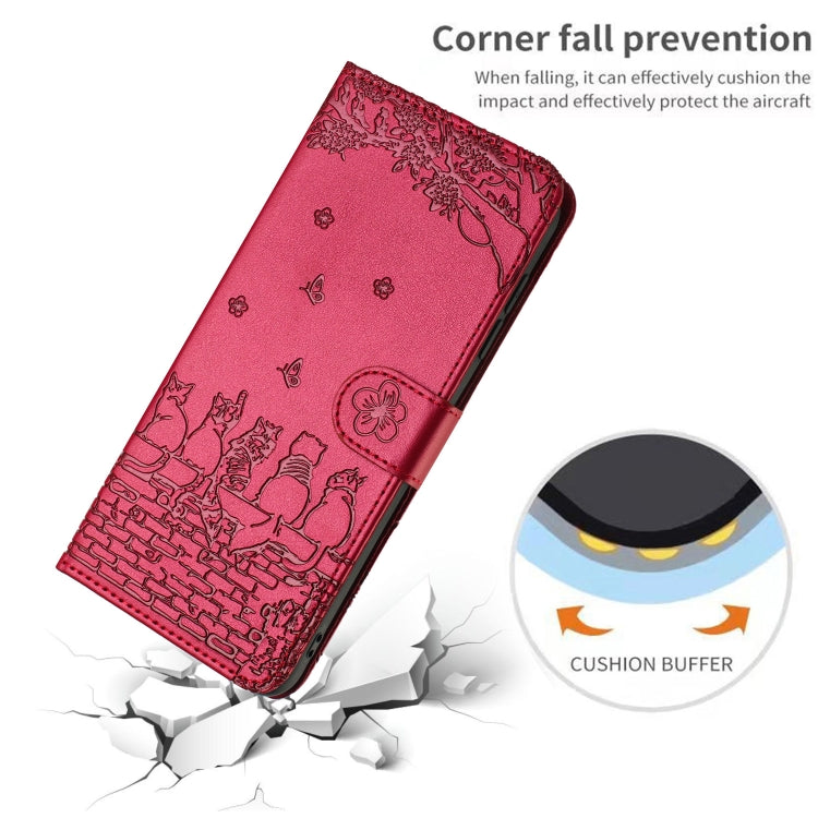 For Samsung Galaxy S22 Cat Embossing Pattern Leather Phone Case with Lanyard(Red)