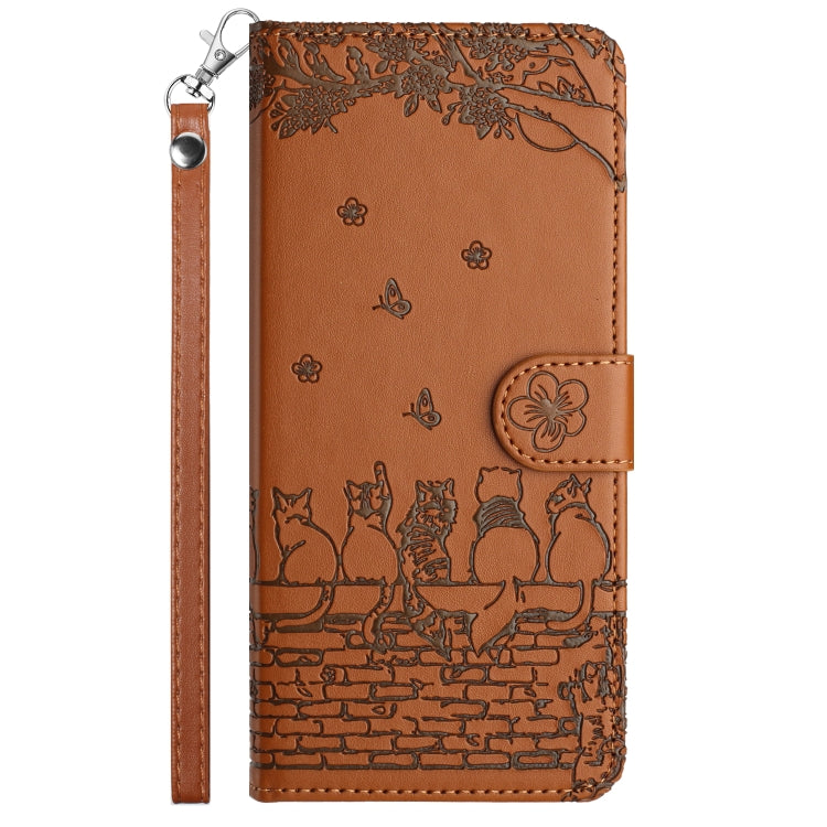 For Xiaomi Redmi Note 12 4G Global Cat Embossing Pattern Leather Phone Case with Lanyard(Brown)