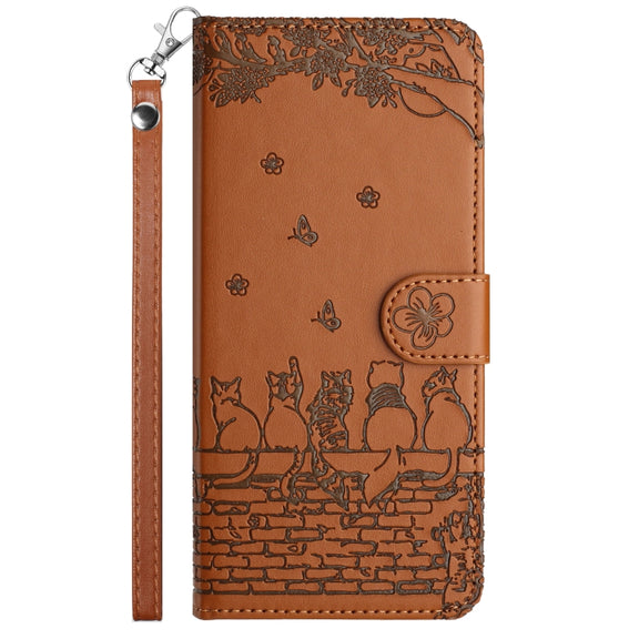 For Xiaomi Redmi Note 12 4G Global Cat Embossing Pattern Leather Phone Case with Lanyard(Brown)