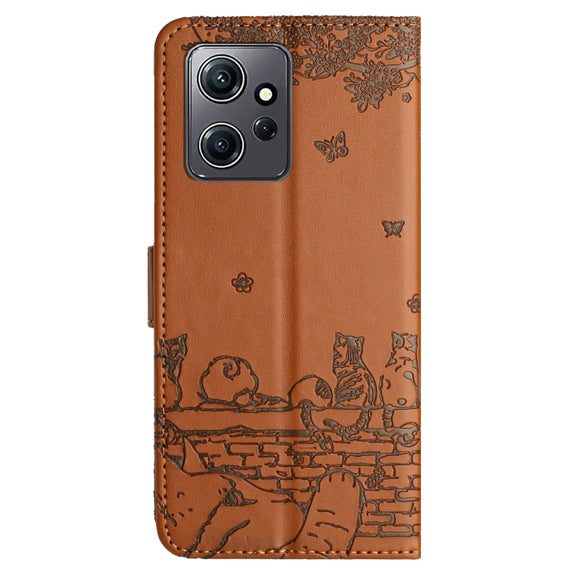 For Xiaomi Redmi Note 12 4G Global Cat Embossing Pattern Leather Phone Case with Lanyard(Brown)