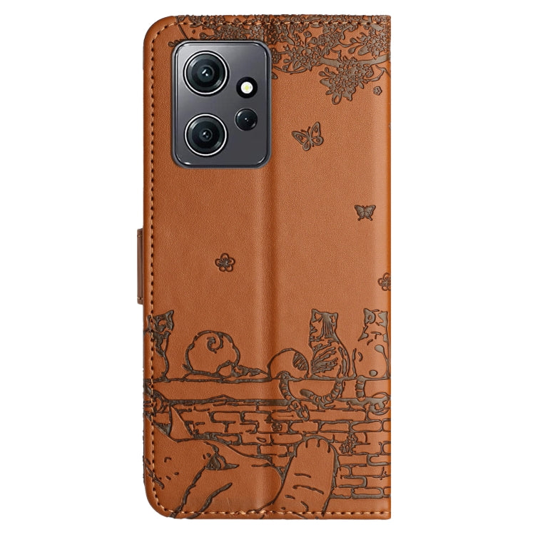 For Xiaomi Redmi Note 12 4G Global Cat Embossing Pattern Leather Phone Case with Lanyard(Brown)