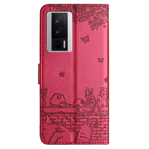 For Xiaomi Poco F5 Pro Cat Embossing Pattern Leather Phone Case with Lanyard(Red)