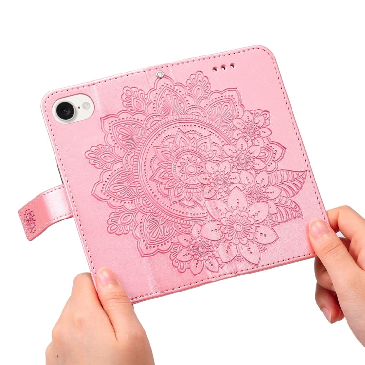 For iPhone 16e Seven-petal Flowers Embossing Leather Phone Case(Rose Gold)