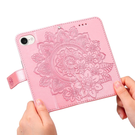 For iPhone 16e Seven-petal Flowers Embossing Leather Phone Case(Rose Gold)