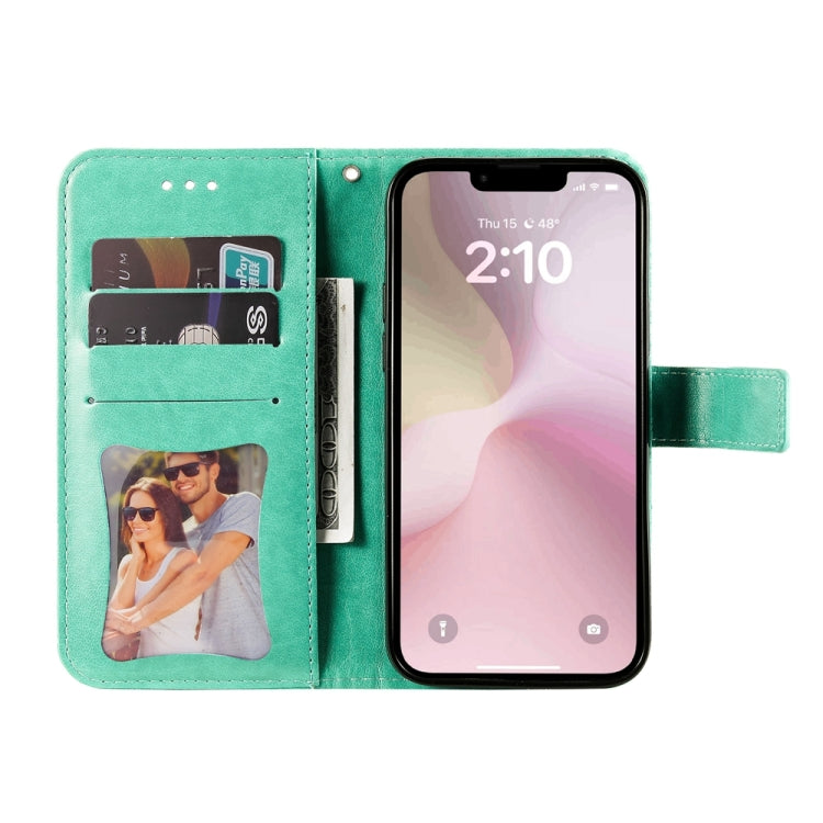 For iPhone 16e Seven-petal Flowers Embossing Leather Phone Case(Green)