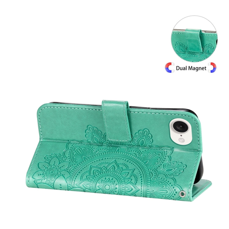 For iPhone 16e Seven-petal Flowers Embossing Leather Phone Case(Green)