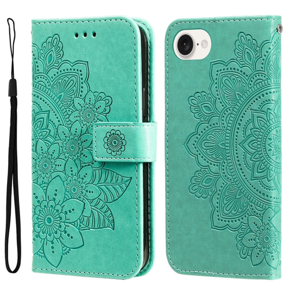 For iPhone 16e Seven-petal Flowers Embossing Leather Phone Case(Green)