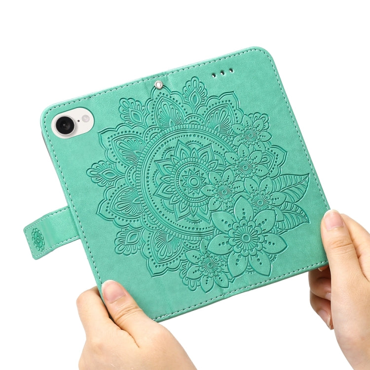 For iPhone 16e Seven-petal Flowers Embossing Leather Phone Case(Green)
