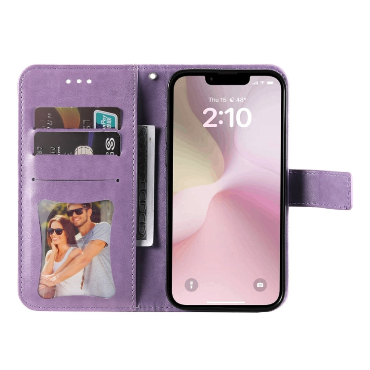 For iPhone 16e Seven-petal Flowers Embossing Leather Phone Case(Light Purple)