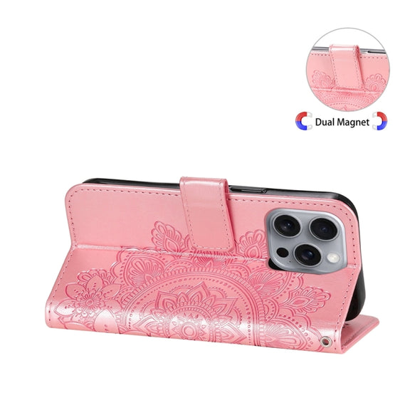 For iPhone 16 Pro Max 7-petal Flowers Embossing Leather Phone Case(Rose Gold)