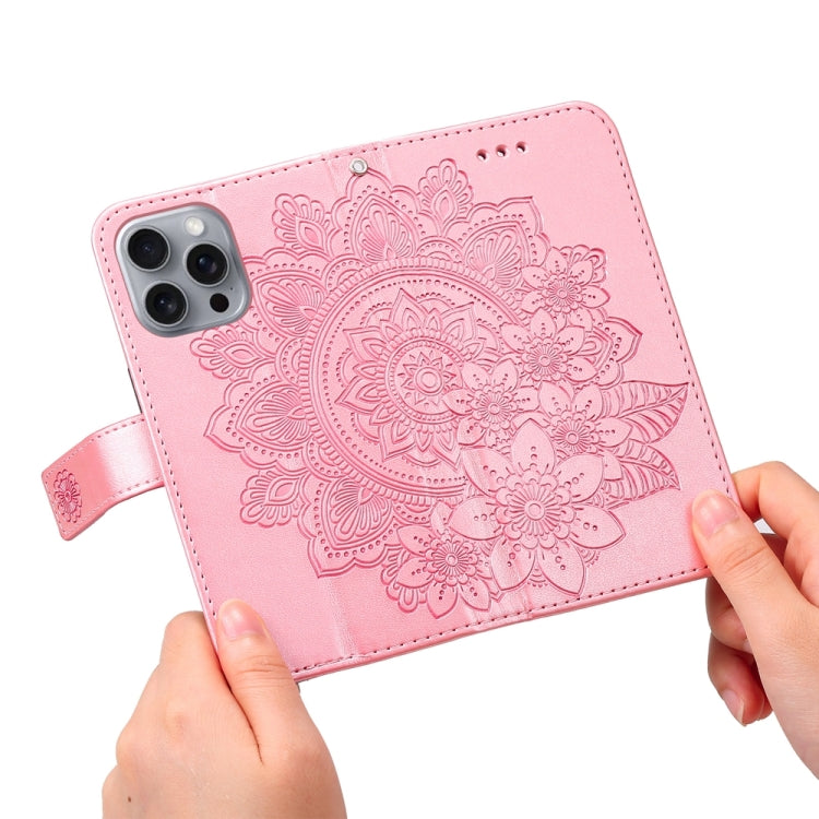 For iPhone 16 Pro Max 7-petal Flowers Embossing Leather Phone Case(Rose Gold)