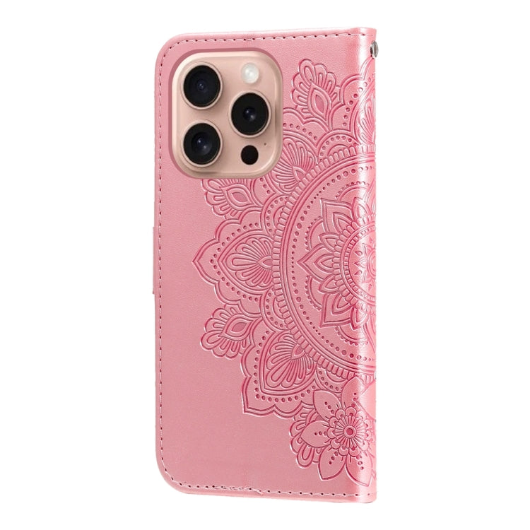 For iPhone 16 Pro 7-petal Flowers Embossing Leather Phone Case(Rose Gold)