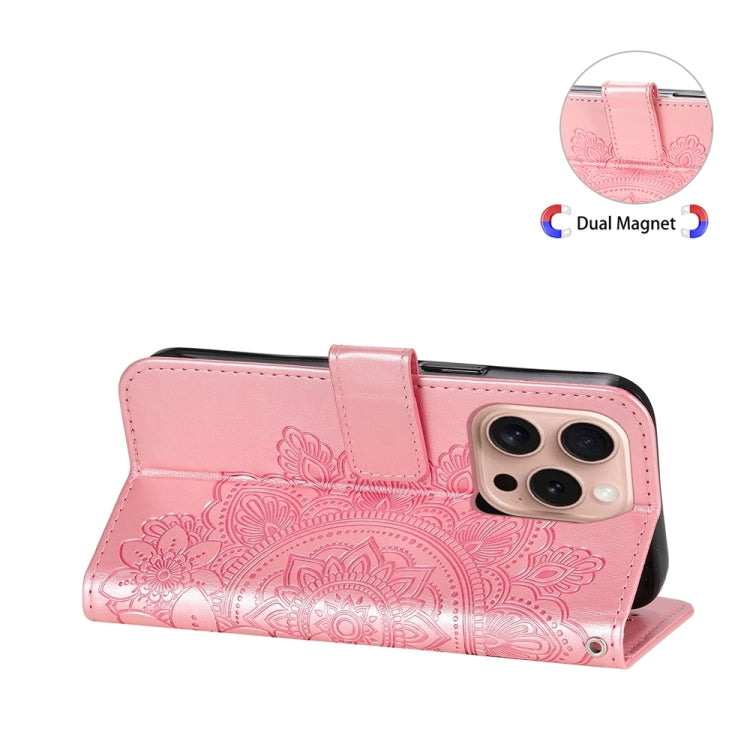 For iPhone 16 Pro 7-petal Flowers Embossing Leather Phone Case(Rose Gold)