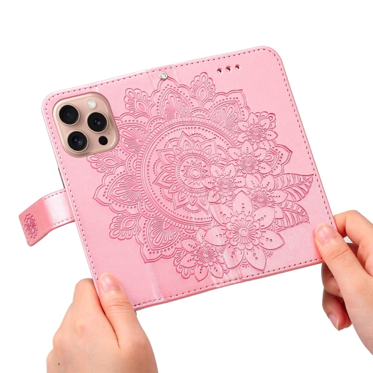 For iPhone 16 Pro 7-petal Flowers Embossing Leather Phone Case(Rose Gold)