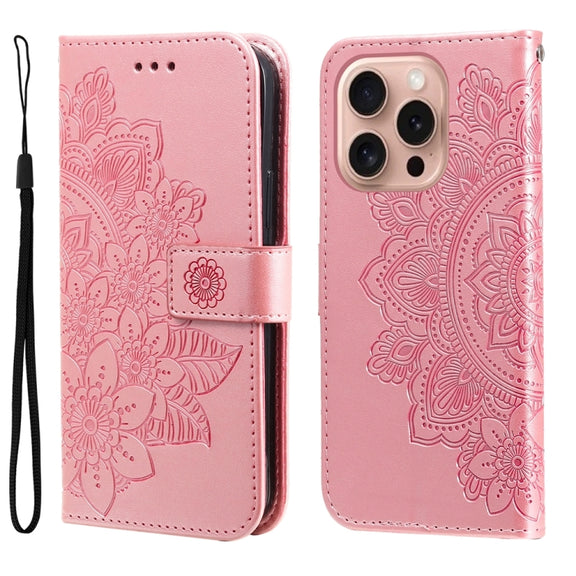 For iPhone 16 Pro 7-petal Flowers Embossing Leather Phone Case(Rose Gold)