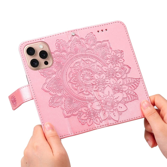 For iPhone 16 Pro 7-petal Flowers Embossing Leather Phone Case(Rose Gold)