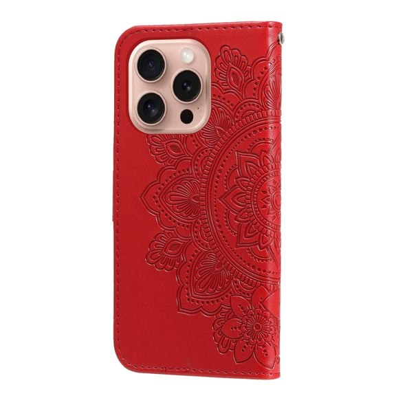 For iPhone 16 Pro 7-petal Flowers Embossing Leather Phone Case(Red)