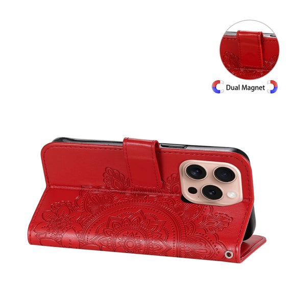 For iPhone 16 Pro 7-petal Flowers Embossing Leather Phone Case(Red)