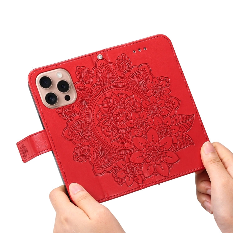 For iPhone 16 Pro 7-petal Flowers Embossing Leather Phone Case(Red)