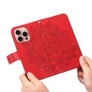 For iPhone 16 Pro 7-petal Flowers Embossing Leather Phone Case(Red)