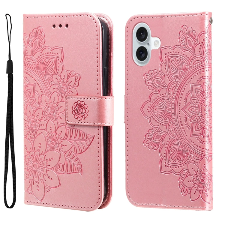 For iPhone 16 Plus 7-petal Flowers Embossing Leather Phone Case(Rose Gold)