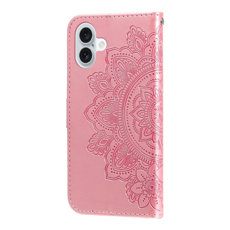 For iPhone 16 Plus 7-petal Flowers Embossing Leather Phone Case(Rose Gold)