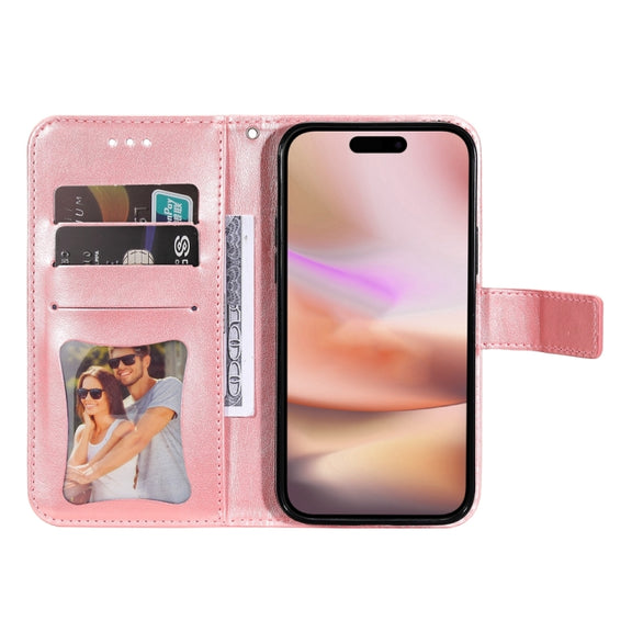 For iPhone 16 Plus 7-petal Flowers Embossing Leather Phone Case(Rose Gold)