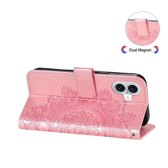 For iPhone 16 Plus 7-petal Flowers Embossing Leather Phone Case(Rose Gold)
