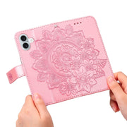 For iPhone 16 Plus 7-petal Flowers Embossing Leather Phone Case(Rose Gold)