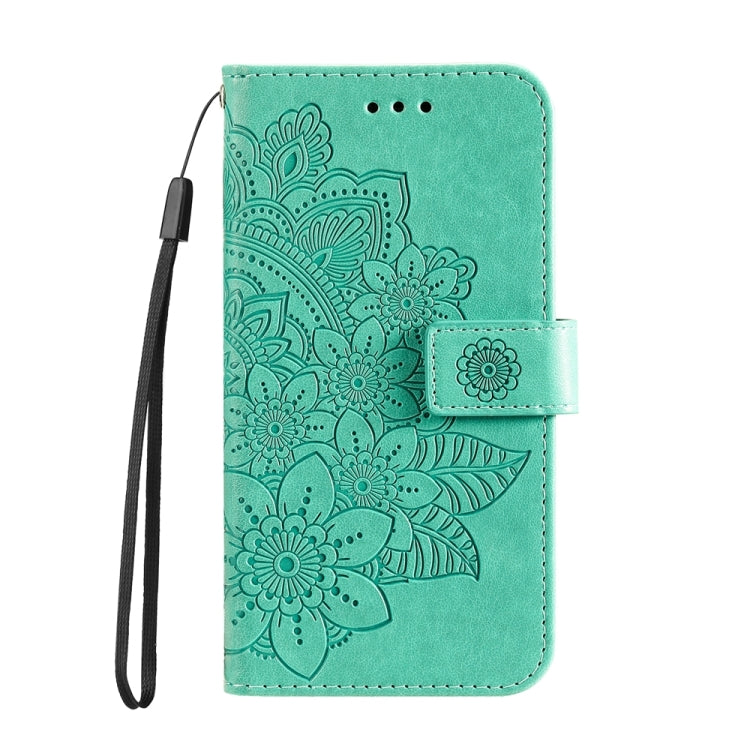 For iPhone 16 Plus Seven-petal Flowers Embossing Leather Phone Case(Green)
