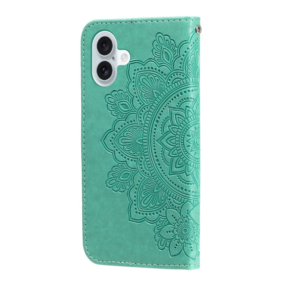 For iPhone 16 Plus Seven-petal Flowers Embossing Leather Phone Case(Green)