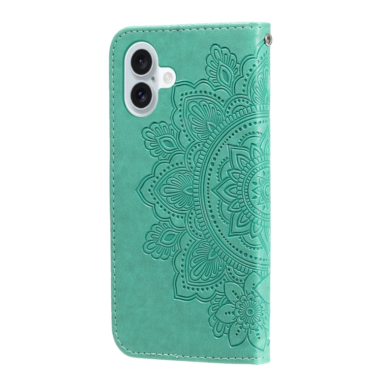 For iPhone 16 Plus Seven-petal Flowers Embossing Leather Phone Case(Green)