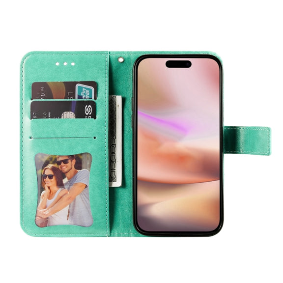 For iPhone 16 Plus Seven-petal Flowers Embossing Leather Phone Case(Green)