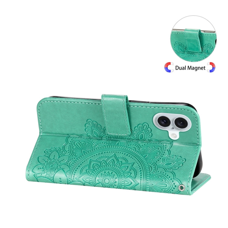 For iPhone 16 Plus Seven-petal Flowers Embossing Leather Phone Case(Green)