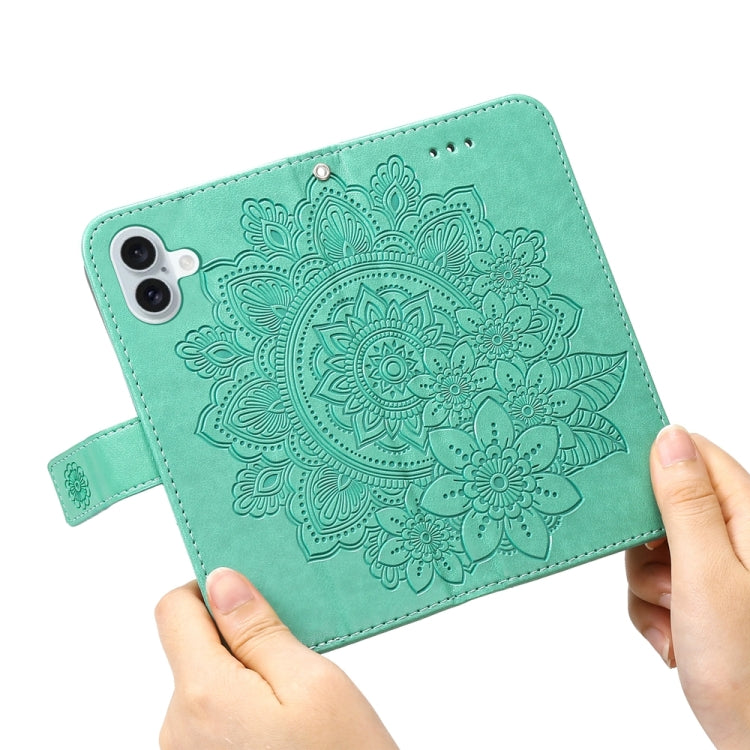 For iPhone 16 Plus Seven-petal Flowers Embossing Leather Phone Case(Green)