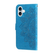 For iPhone 16 Plus Seven-petal Flowers Embossing Leather Phone Case(Blue)