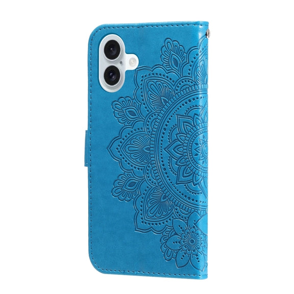For iPhone 16 Plus Seven-petal Flowers Embossing Leather Phone Case(Blue)