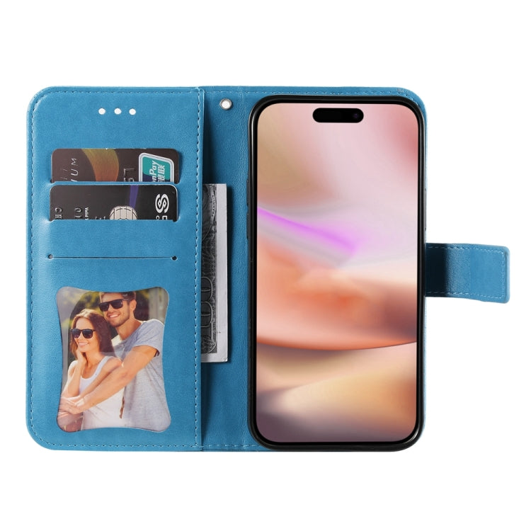 For iPhone 16 Plus Seven-petal Flowers Embossing Leather Phone Case(Blue)